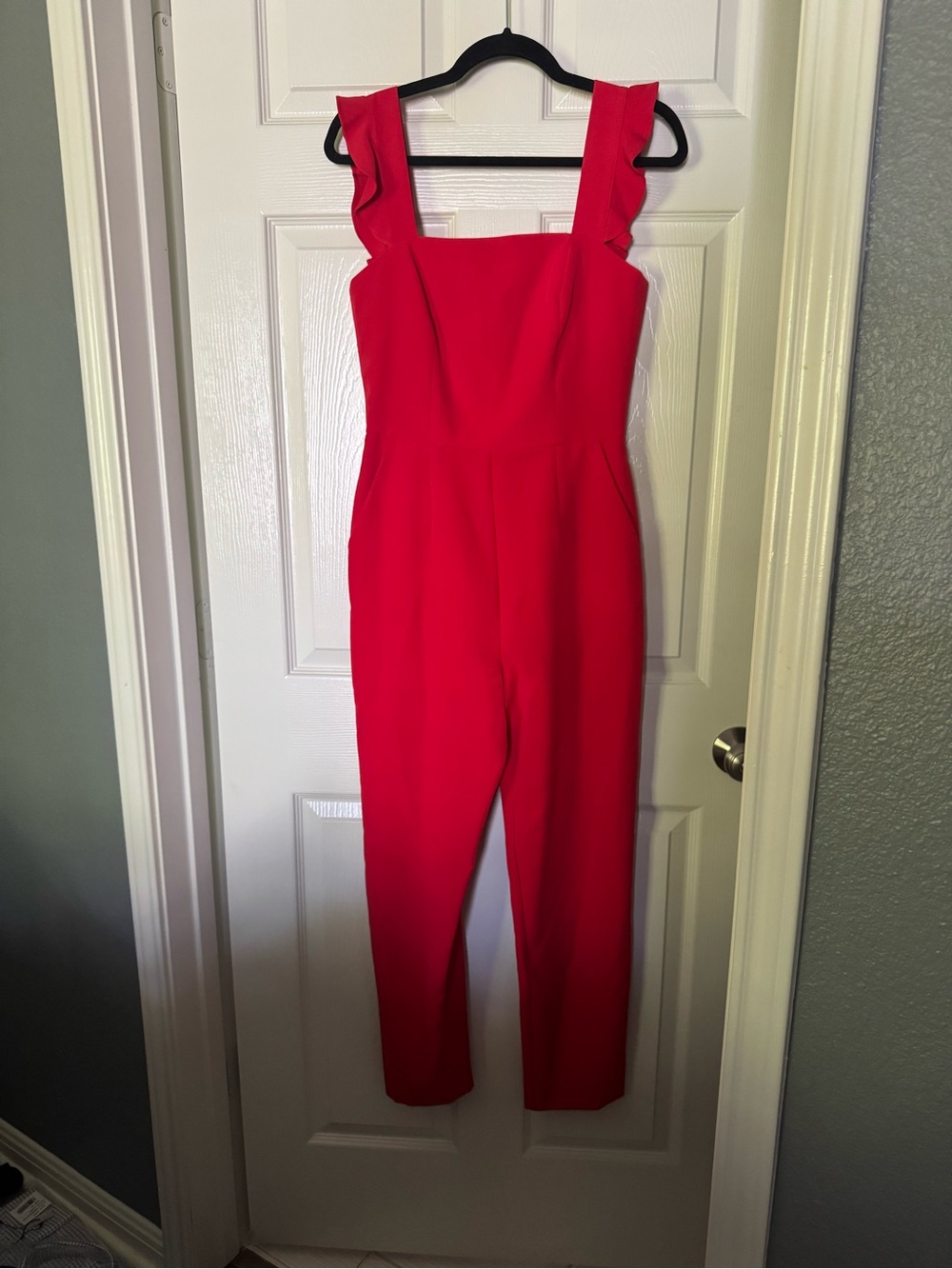 Charles Henry Bright Red Ruffle-Strap Jumpsuit